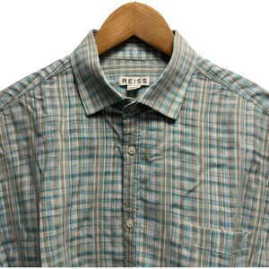 Reiss Men's Size XL Button Front Green/Tan Plaid Linen/Cotton‎ Long Sleeve Shirt
